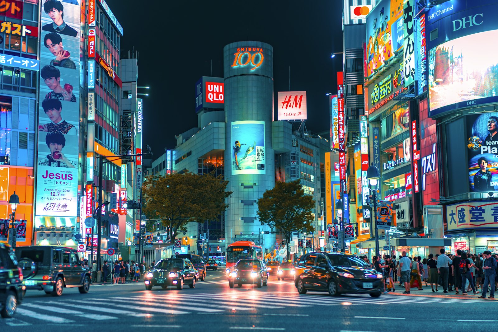Neon lit Tokyo street at night