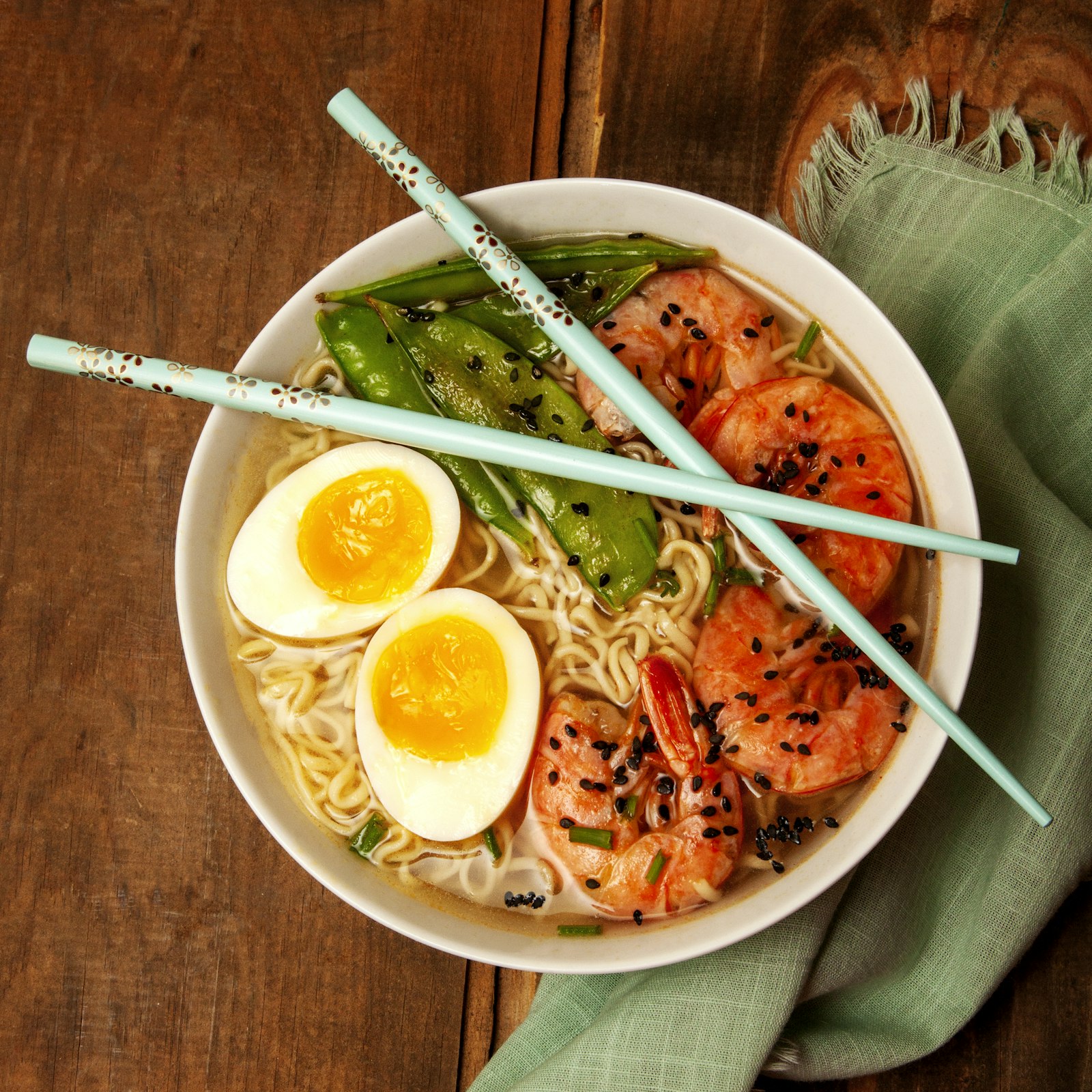 Top-down bowl of Kaen Ramen with soft egg and chashu